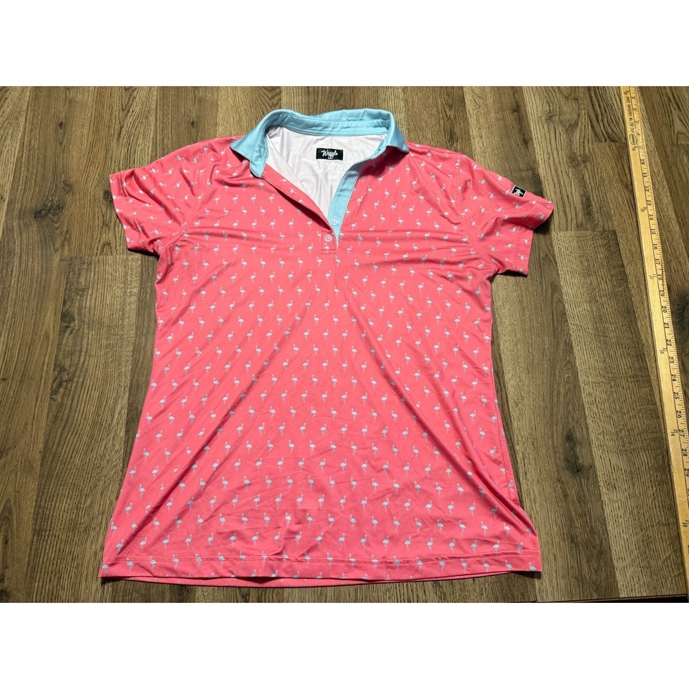 Waggle Shirt, Womens Size Large, Pink Blue, Flamingo, Polo, Short Sleeve, V-neck